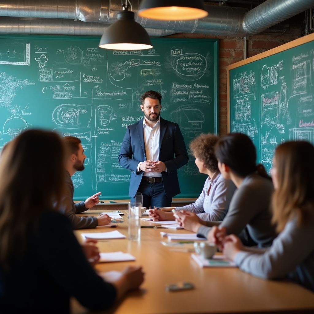 Equipo de consultores en sesión de trabajo colaborativo